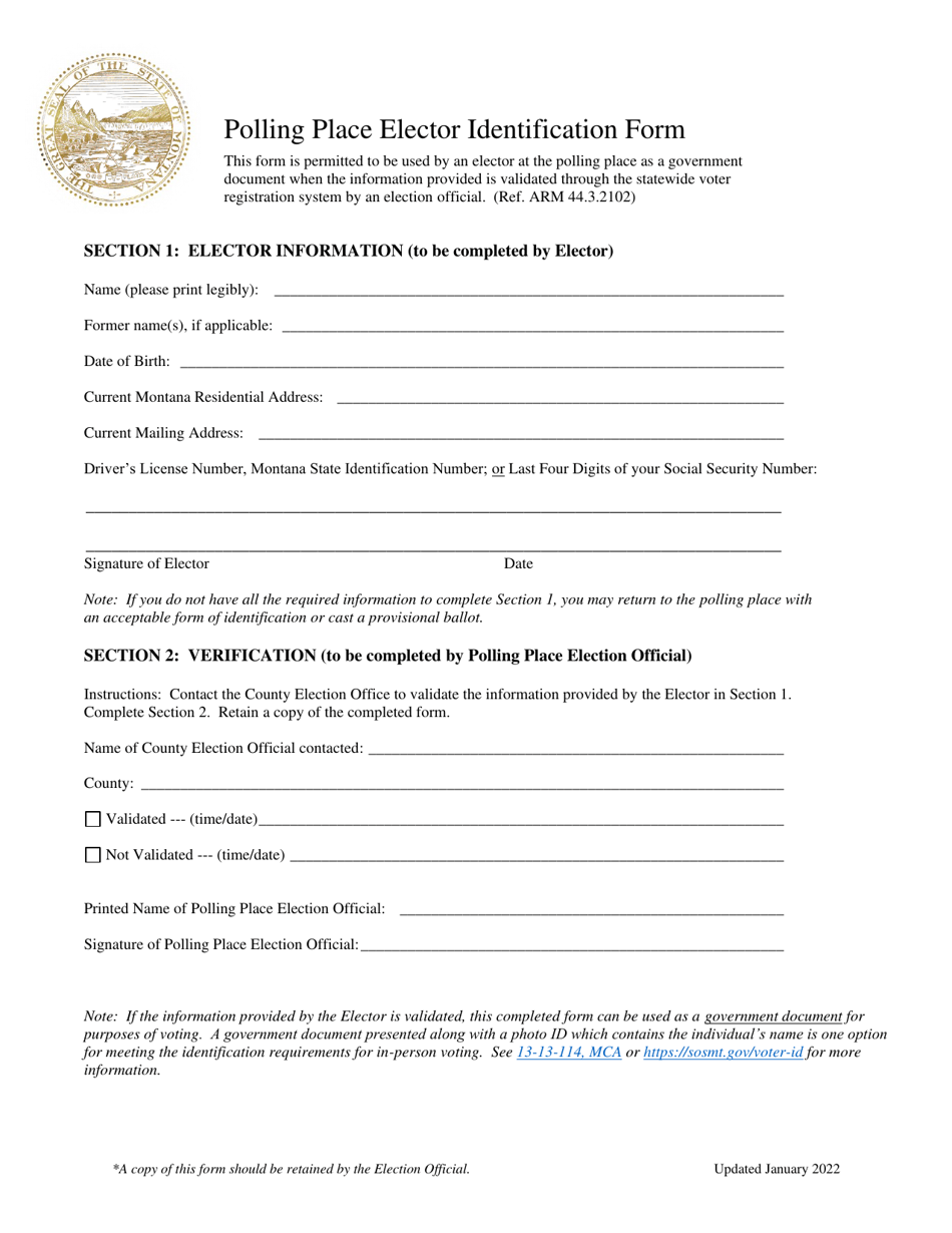 Polling Place Elector Identification Form - Montana, Page 1