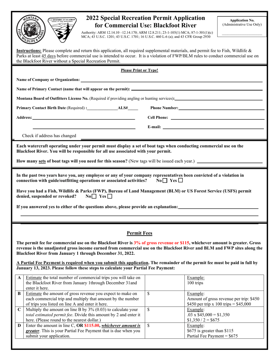 Special Recreation Permit Application for Commercial Use: Blackfoot River - Montana, Page 1