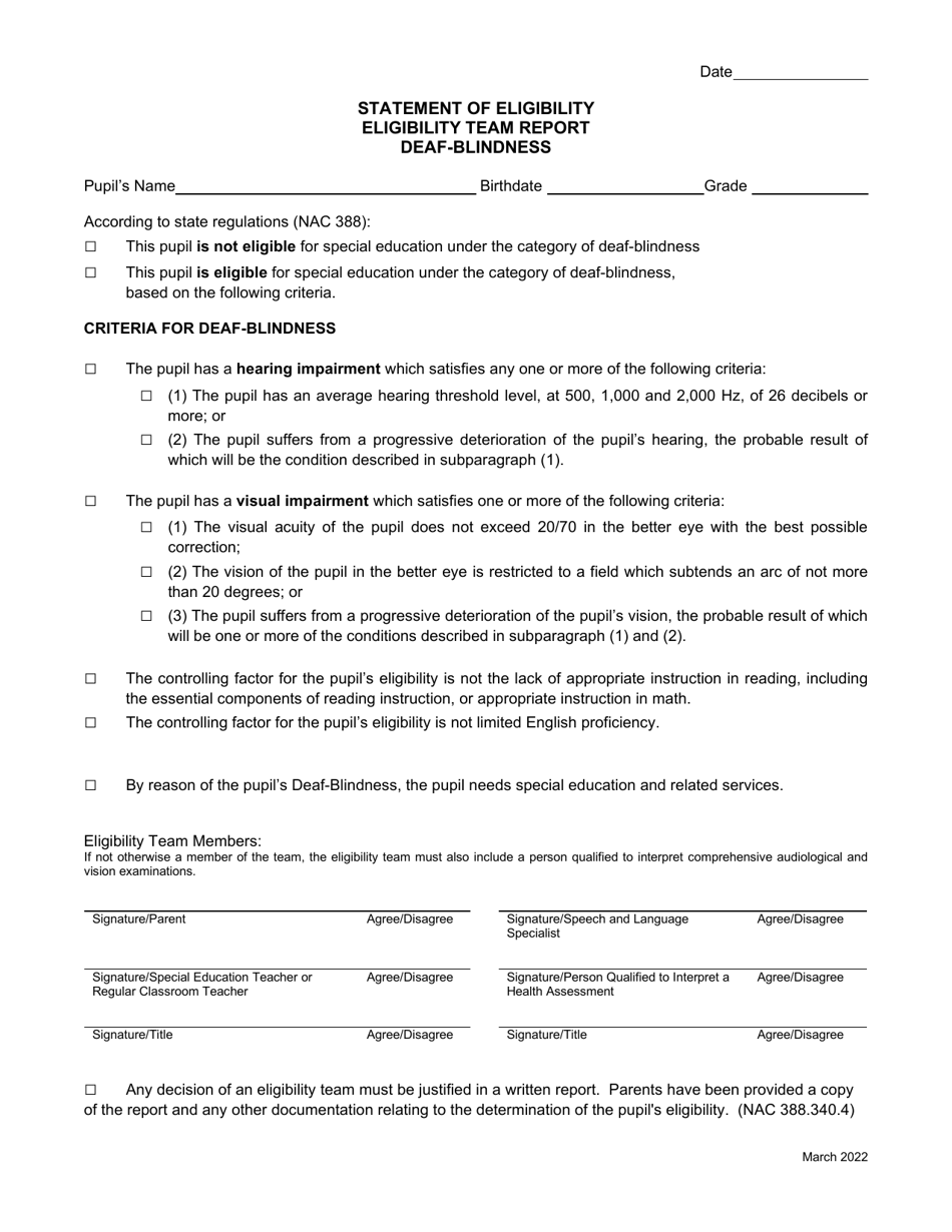 Statement of Eligibility - Deaf-Blindness - Nevada, Page 1