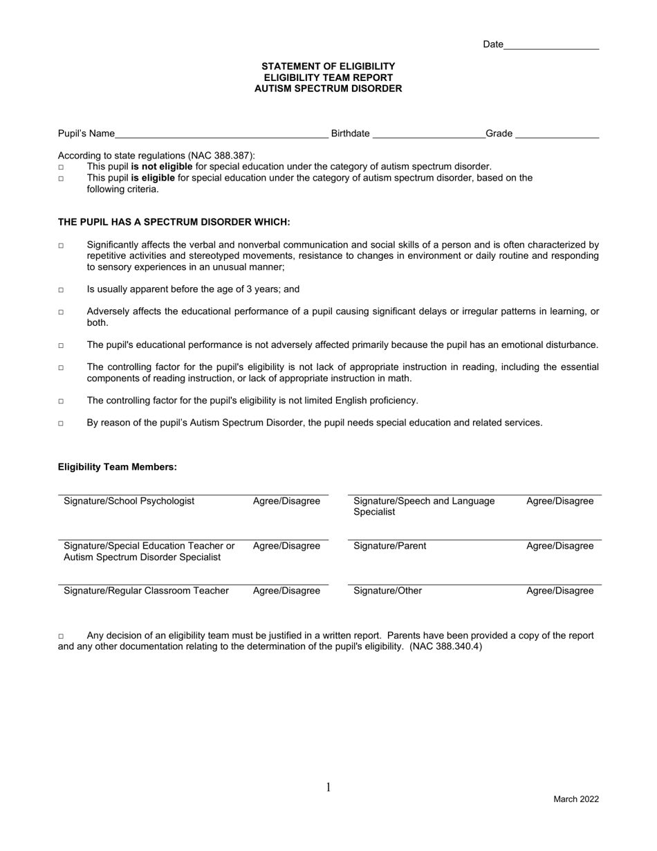 Statement of Eligibility - Autism Spectrum Disorder - Nevada, Page 1