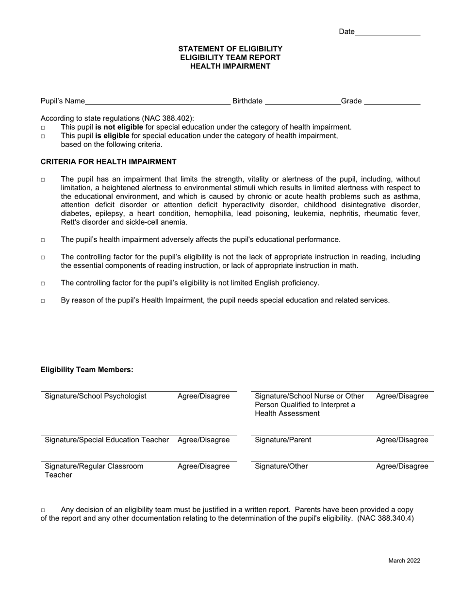 Statement of Eligibility - Health Impairment - Nevada, Page 1