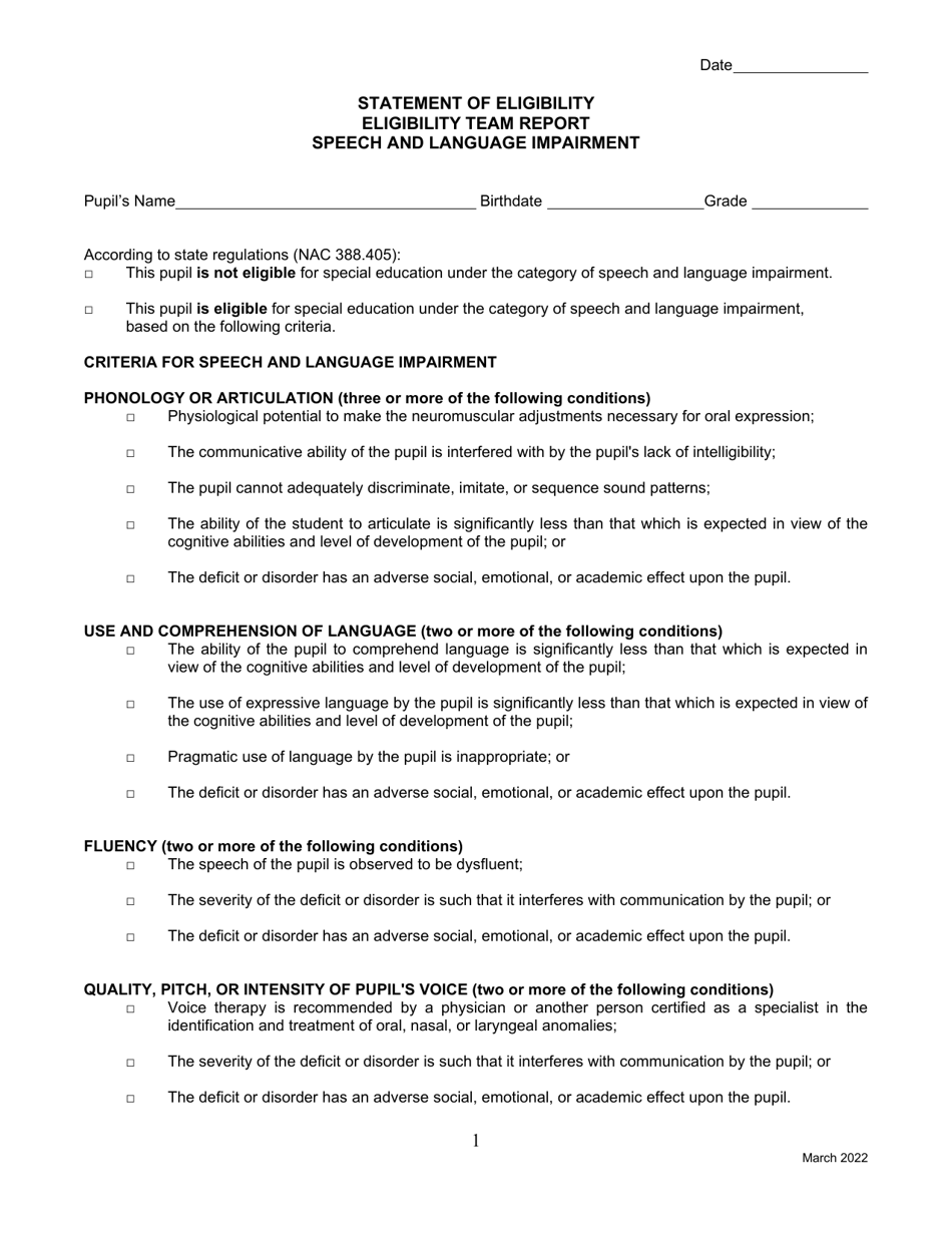 Statement of Eligibility - Speech and Language Impairment - Nevada, Page 1