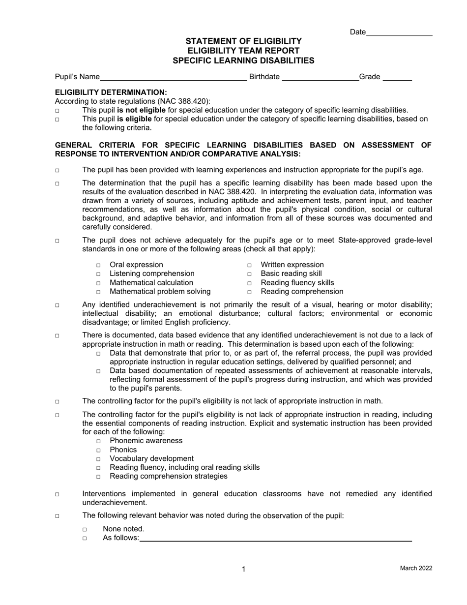 Statement of Eligibility - Specific Learning Disabilities - Nevada, Page 1