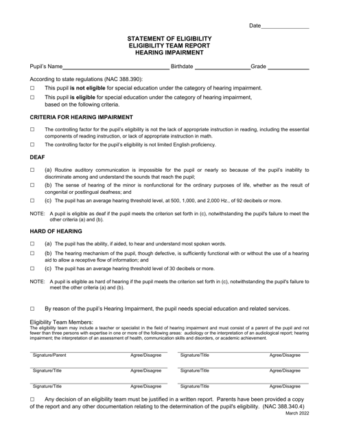 Statement of Eligibility - Hearing Impairment - Nevada Download Pdf