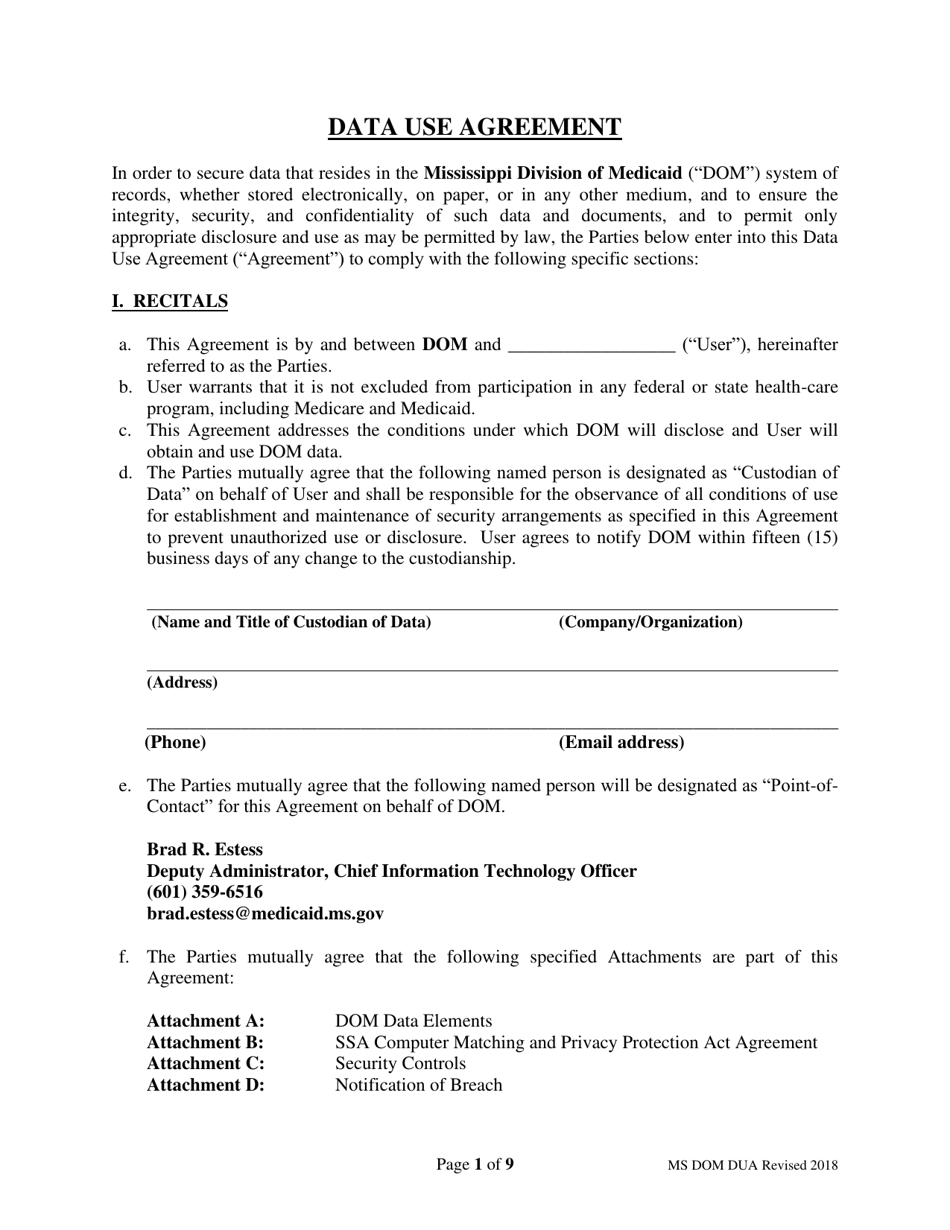 Data Use Agreement - Mississippi, Page 1
