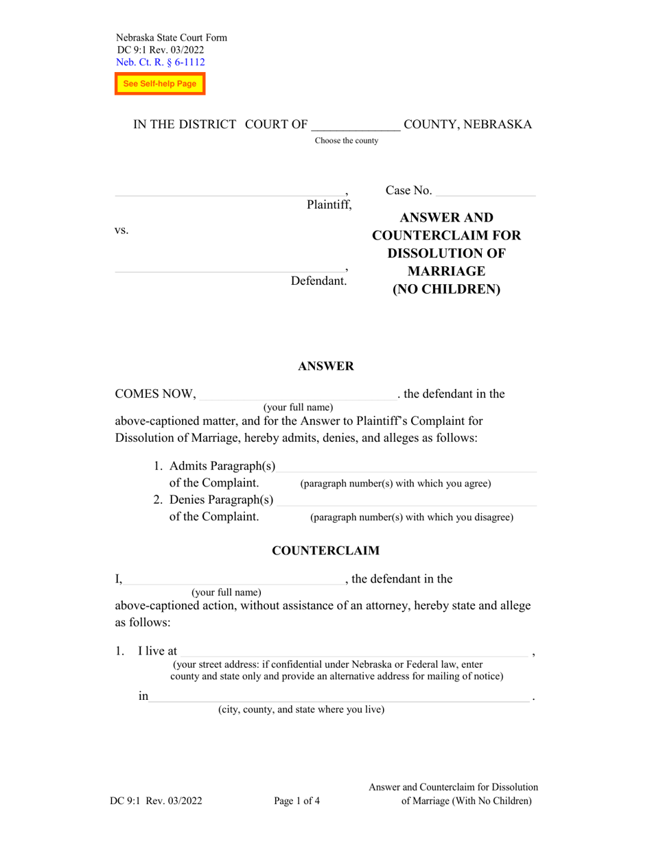 Form DC9:1 Answer and Counterclaim for Dissolution of Marriage (No Children) - Nebraska, Page 1