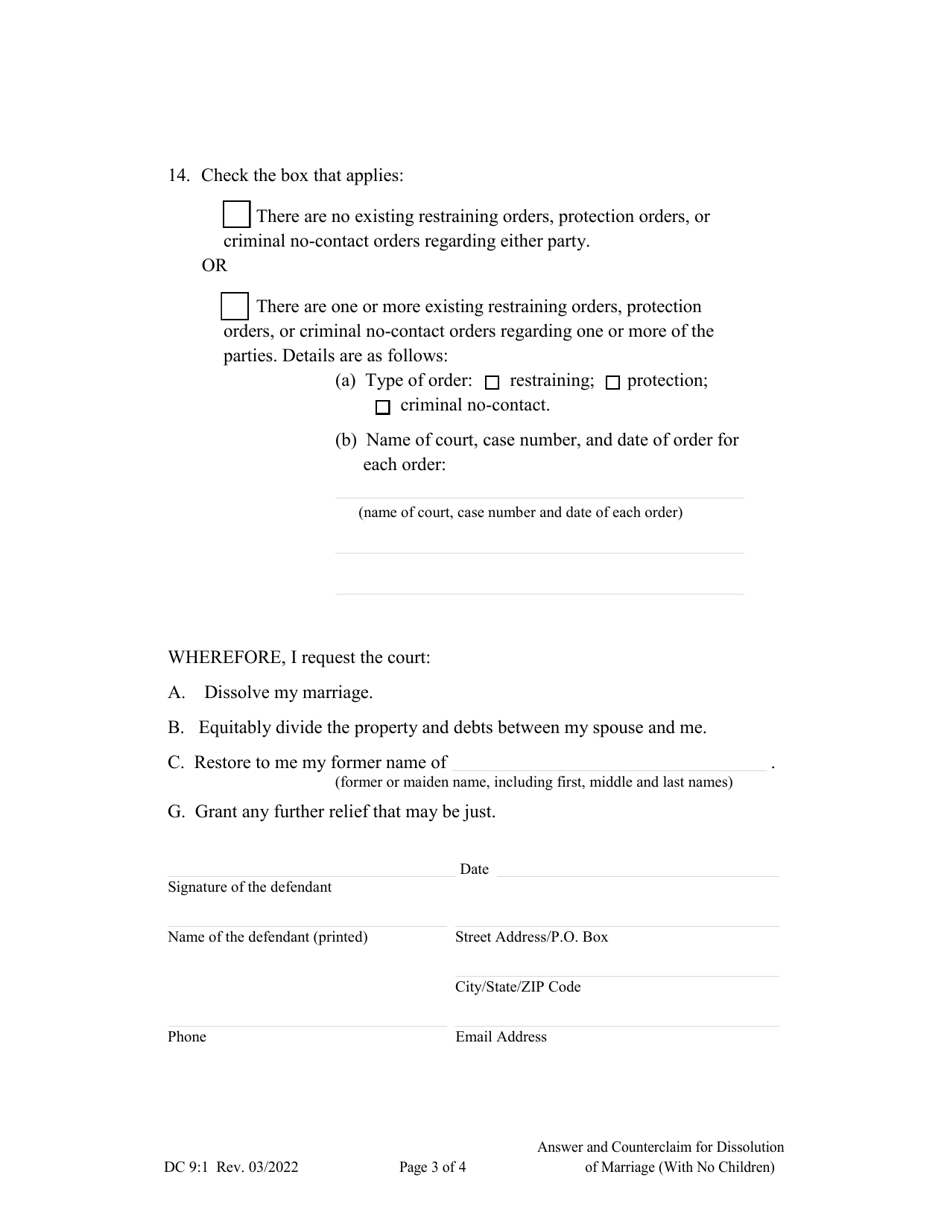 Form DC9:1 Answer and Counterclaim for Dissolution of Marriage (No Children) - Nebraska, Page 3