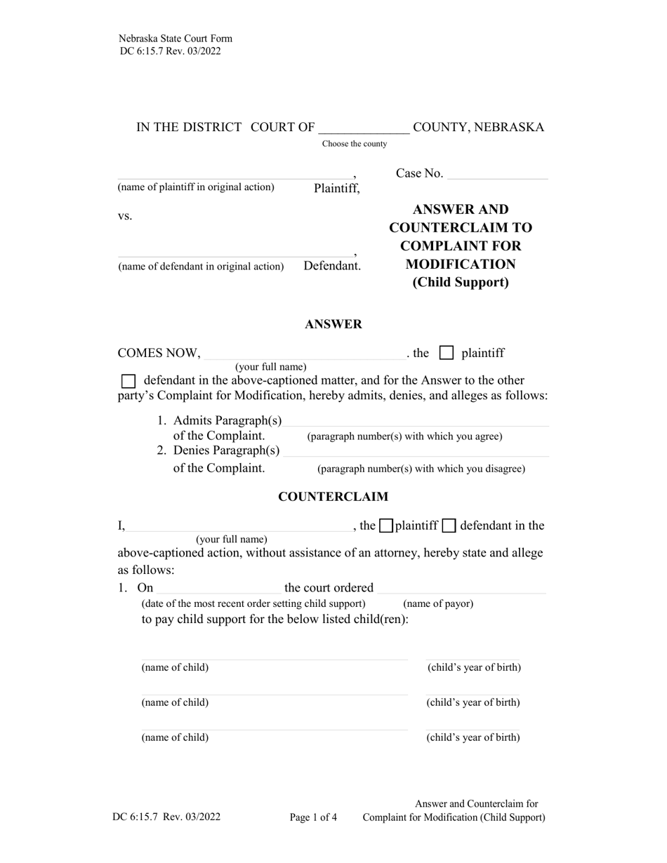 Form DC6:15.7 Answer and Counterclaim to Complaint for Modification (Child Support) - Nebraska, Page 1