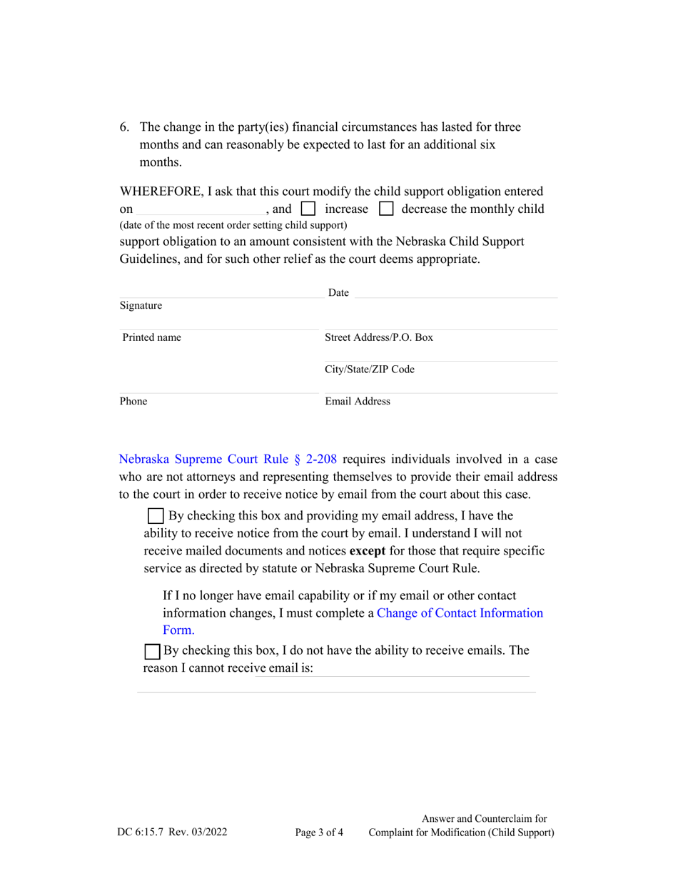 Form DC6:15.7 Answer and Counterclaim to Complaint for Modification (Child Support) - Nebraska, Page 3