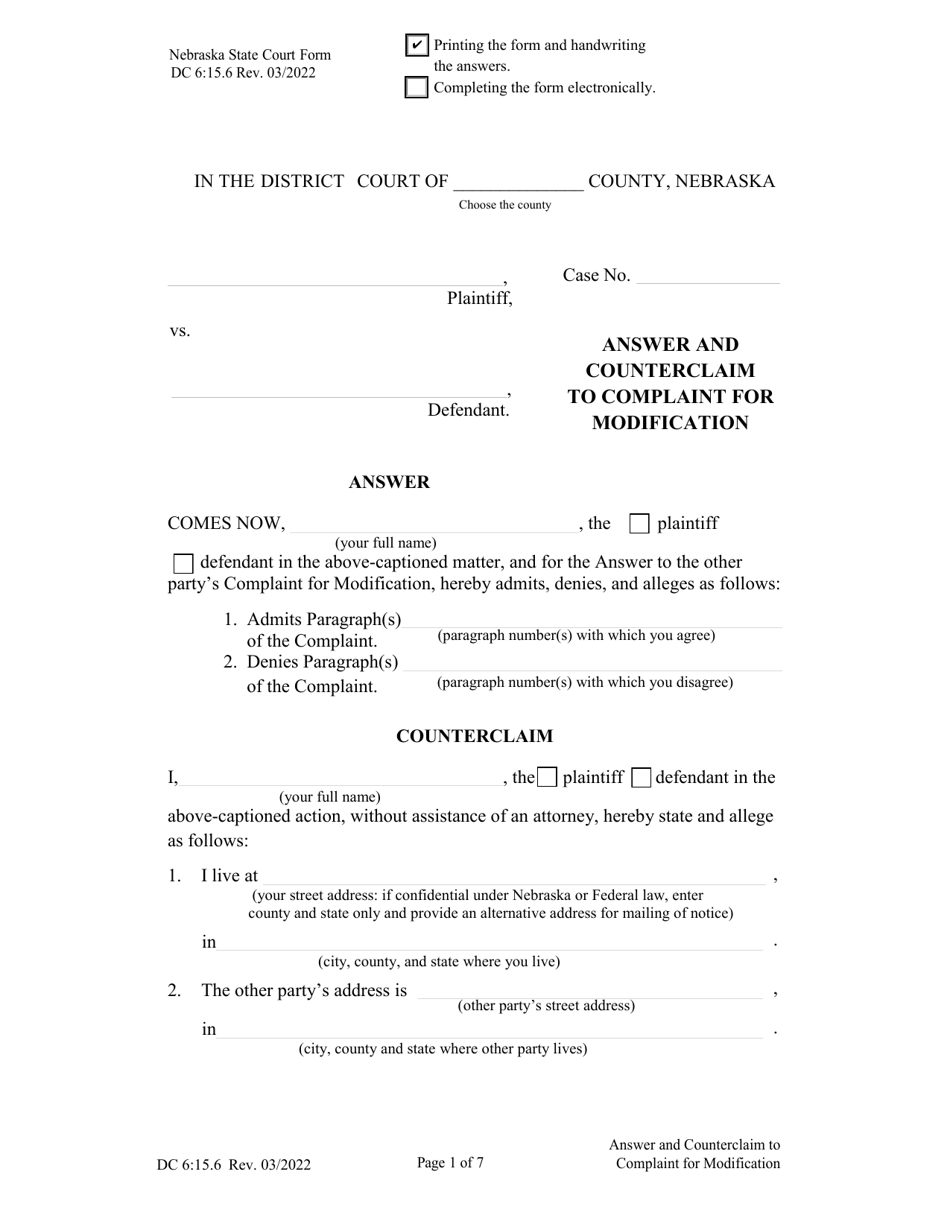 Form DC6:15.6 Answer and Counterclaim to Complaint for Modification - Nebraska, Page 1