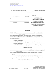 Document preview: Form DC6:8.8 Answer and Counterclaim to Complaint for Paternity, Custody, Parenting Time, and Child Support - Nebraska