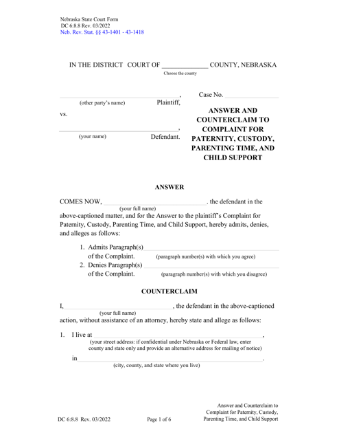 Form DC6:8.8 Answer and Counterclaim to Complaint for Paternity, Custody, Parenting Time, and Child Support - Nebraska