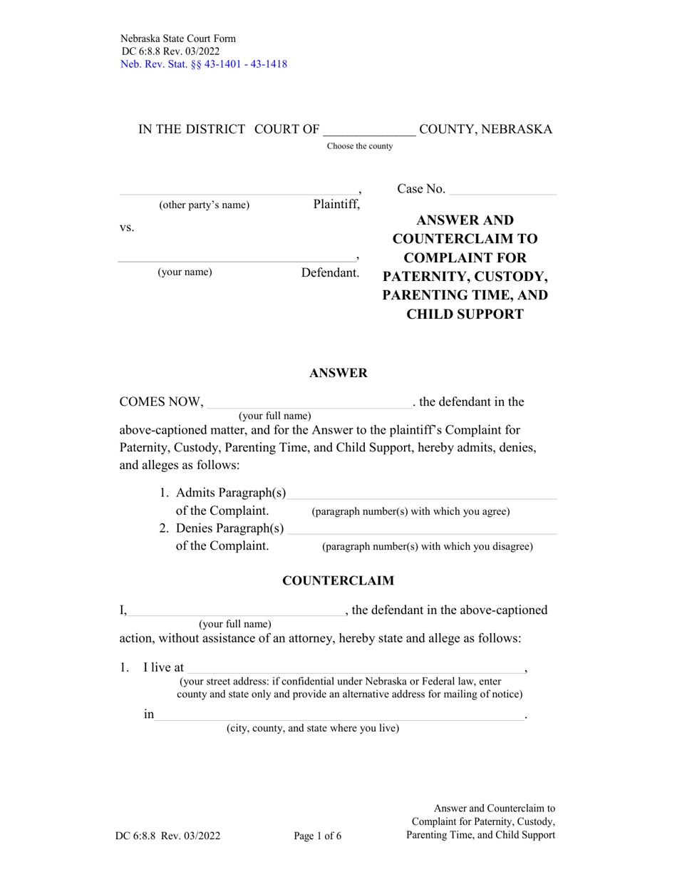Form DC6:8.8 Answer and Counterclaim to Complaint for Paternity, Custody, Parenting Time, and Child Support - Nebraska, Page 1