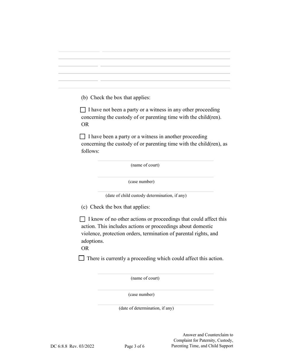 Form DC6:8.8 Answer and Counterclaim to Complaint for Paternity, Custody, Parenting Time, and Child Support - Nebraska, Page 3