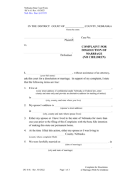 Form DC6:4.1 Complaint for Dissolution of Marriage (No Children) - Nebraska