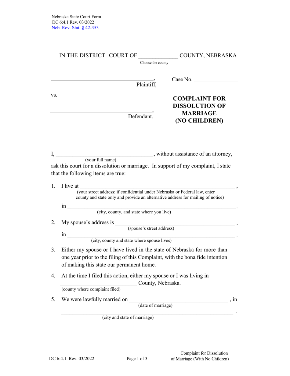 Form DC6:4.1 Complaint for Dissolution of Marriage (No Children) - Nebraska, Page 1
