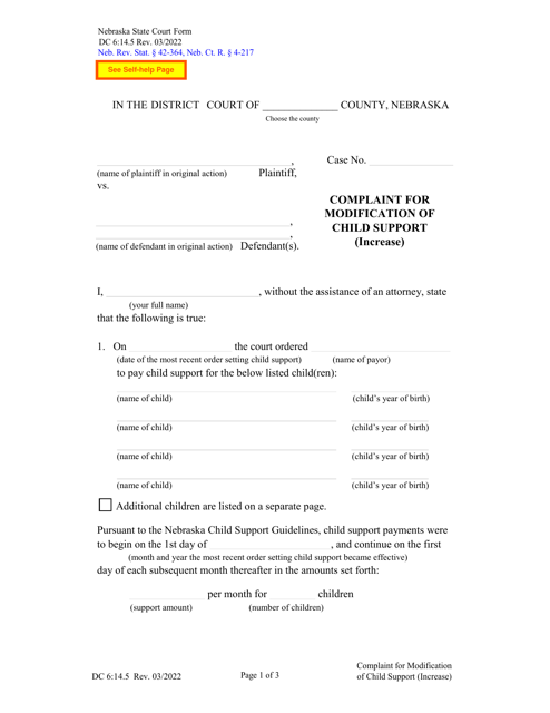 Form DC6:14.5 Complaint for Modification of Child Support (Increase) - Nebraska
