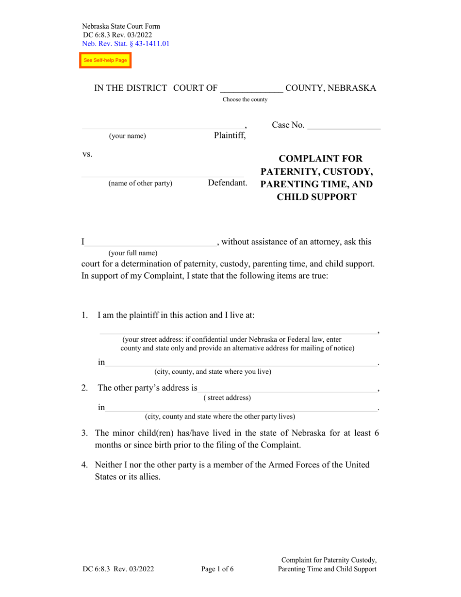 Form DC6:8.3 Complaint for Paternity, Custody, Parenting Time, and Child Support - Nebraska, Page 1