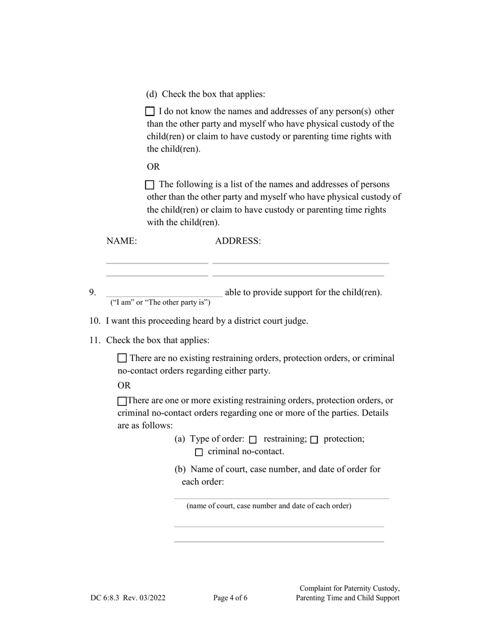 Form DC6:8.3 Complaint for Paternity, Custody, Parenting Time, and Child Support - Nebraska, Page 4
