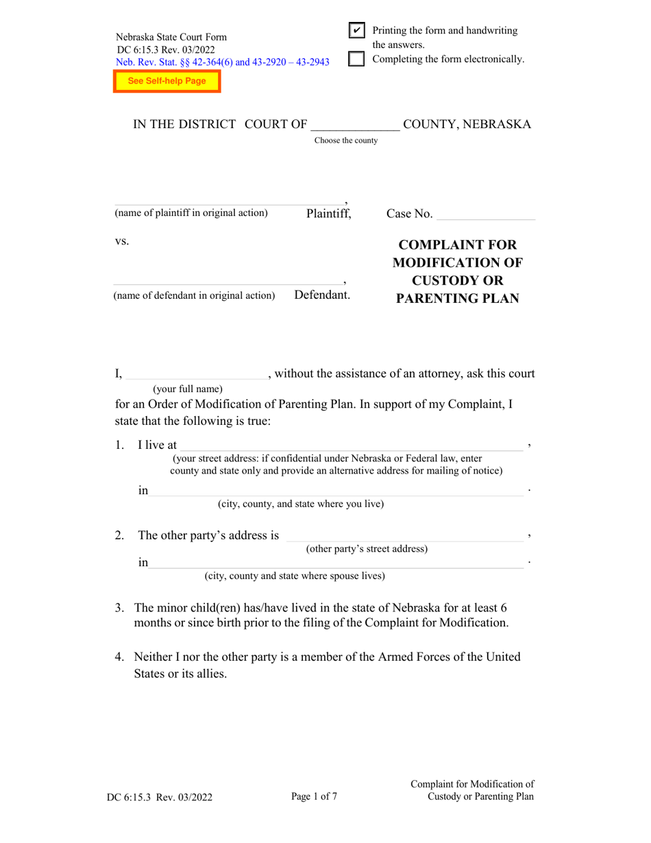 Form DC6:15.3 Complaint for Modification of Custody or Parenting Plan - Nebraska, Page 1