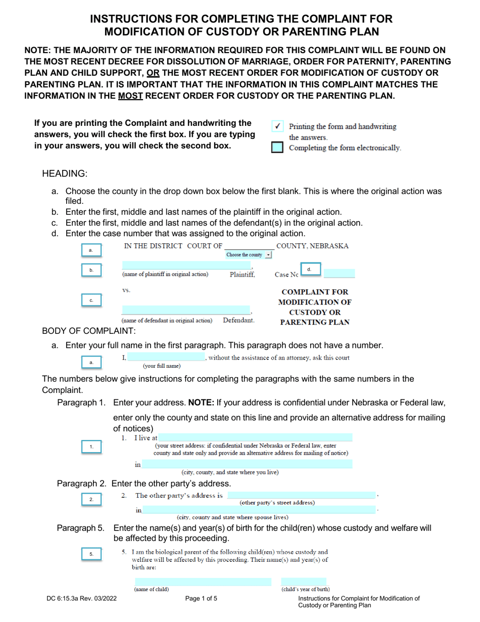 Instructions for Form DC6:15.3 Complaint for Modification of Custody or Parenting Plan - Nebraska, Page 1