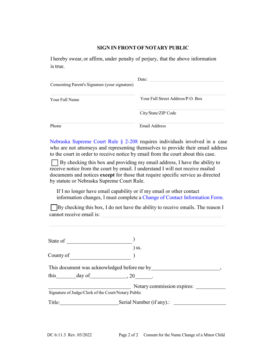 Form DC6:11.3 Consent for the Name Change of a Minor Child - Nebraska, Page 2