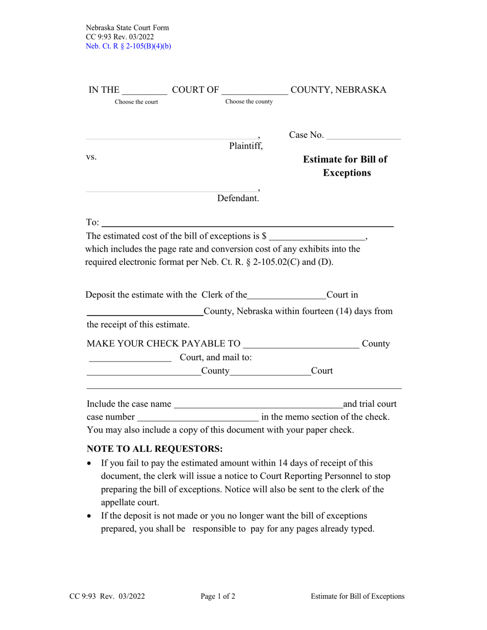 Form CC9:93 Estimate for Bill of Exceptions - Nebraska, Page 1