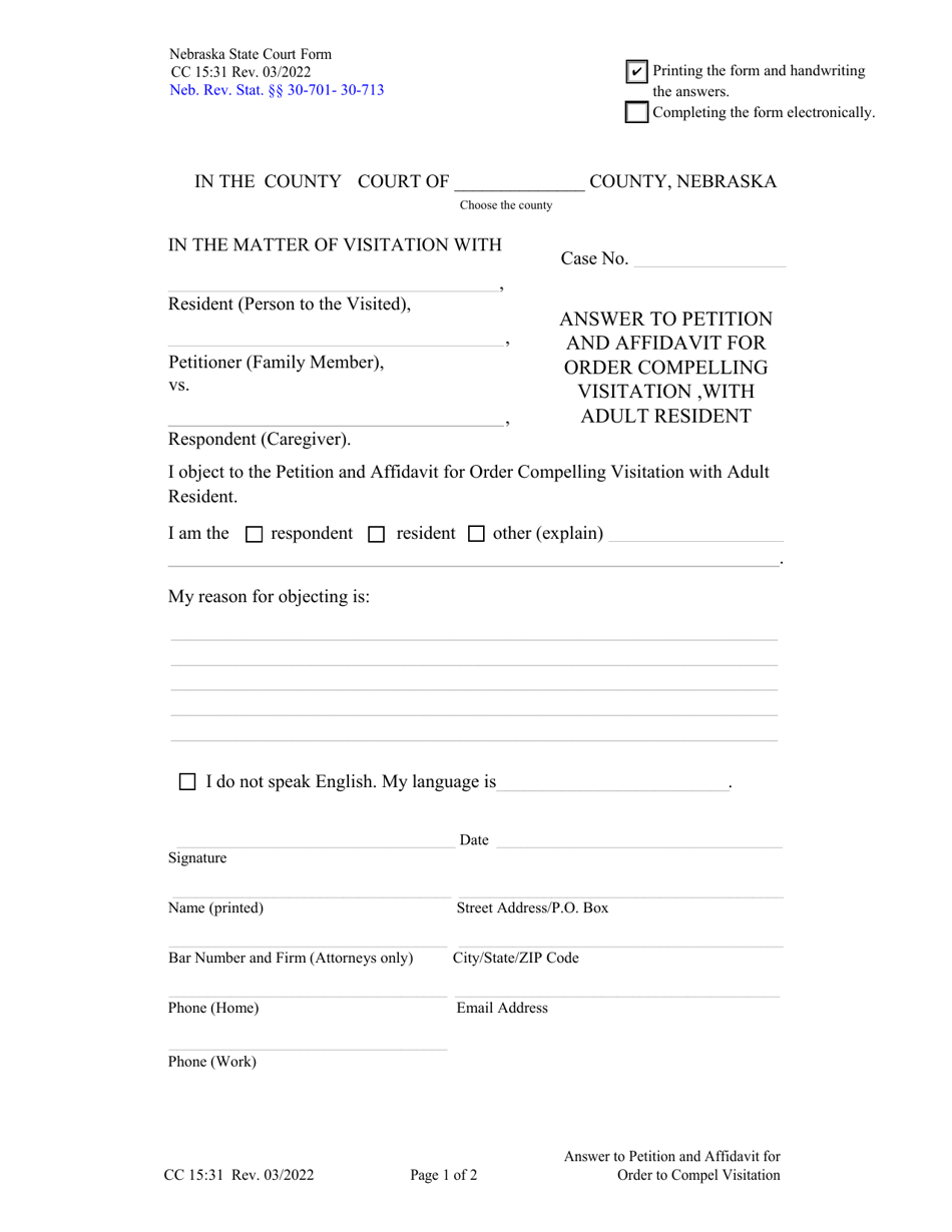 Form CC15:31 Answer to Petition and Affidavit for Order Compelling Visitation, With Adult Resident - Nebraska, Page 1