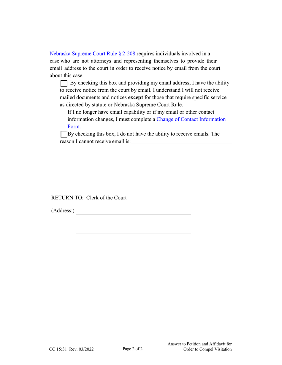 Form CC15:31 Answer to Petition and Affidavit for Order Compelling Visitation, With Adult Resident - Nebraska, Page 2
