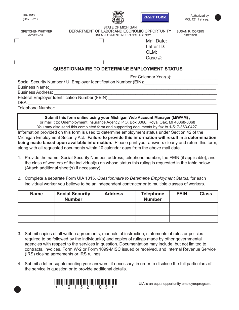 Form UIA1015 Questionnaire to Determine Employment Status - Michigan, Page 1