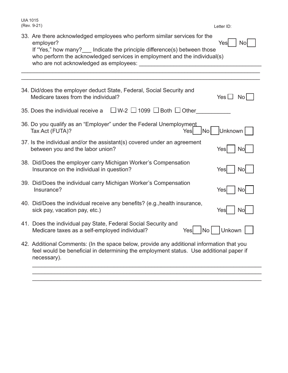 Form UIA1015 Download Fillable PDF or Fill Online Questionnaire to ...