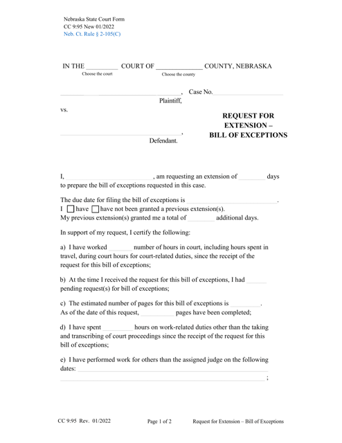 Form CC9:95 Request for Extension - Bill of Exceptions - Nebraska