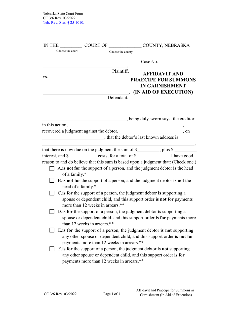 Form CC3:6 Affidavit and Praecipe for Summons in Garnishment (In Aid of Execution) - Nebraska, Page 1
