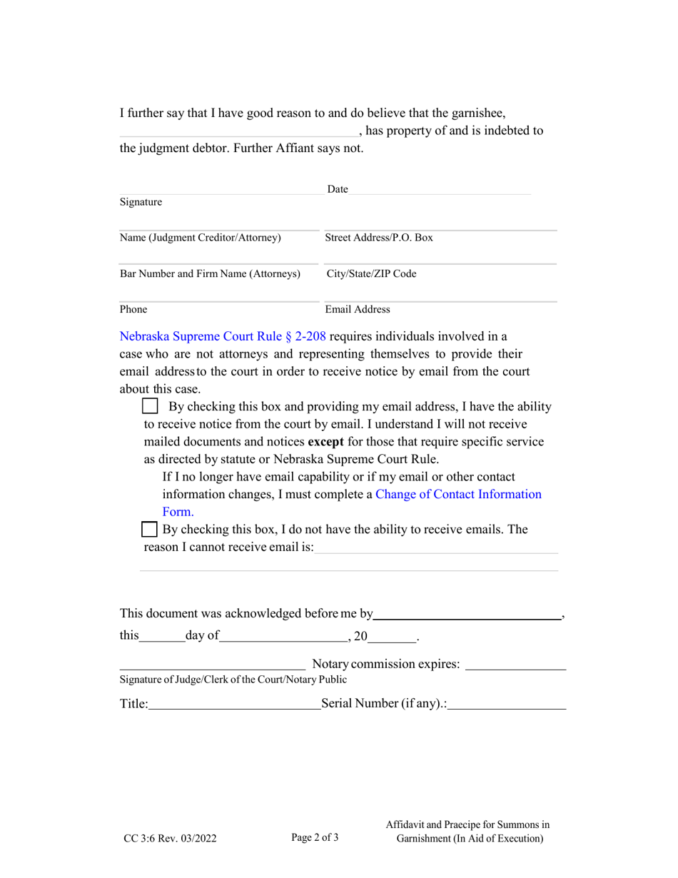 Form CC3:6 Affidavit and Praecipe for Summons in Garnishment (In Aid of Execution) - Nebraska, Page 2