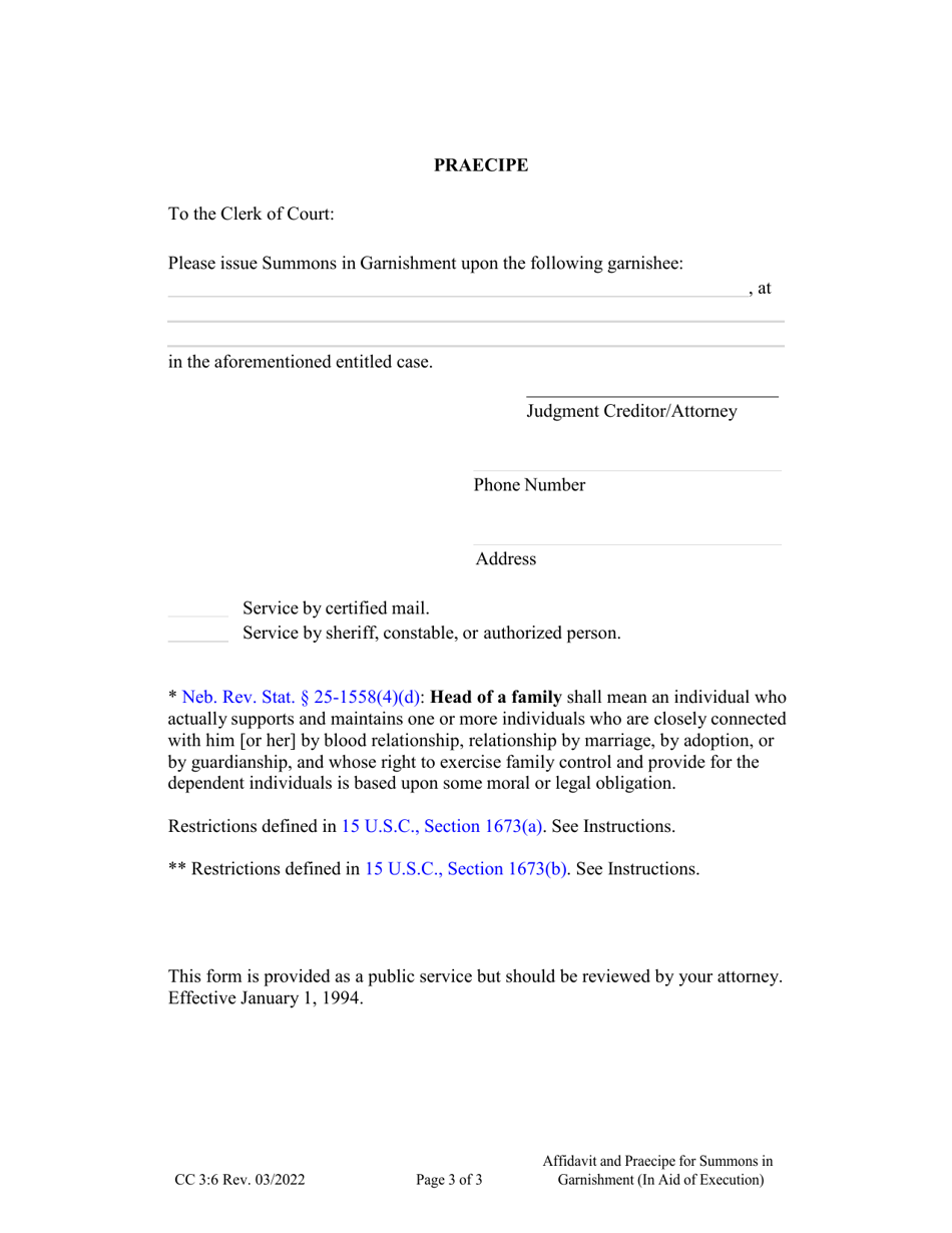 Form CC3:6 Affidavit and Praecipe for Summons in Garnishment (In Aid of Execution) - Nebraska, Page 3