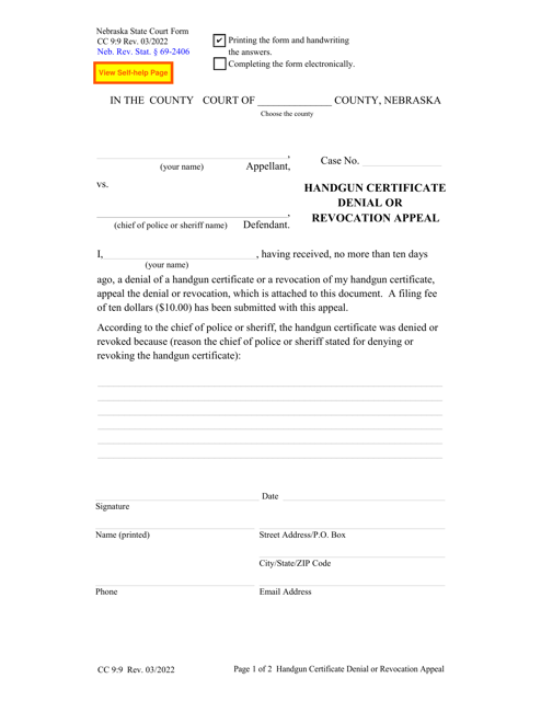 Form CC9:9 Handgun Certificate Denial or Revocation Appeal - Nebraska