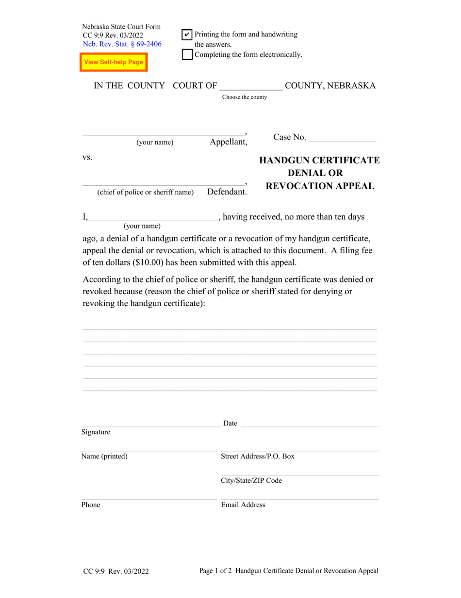 Form CC9:9 Handgun Certificate Denial or Revocation Appeal - Nebraska, Page 1