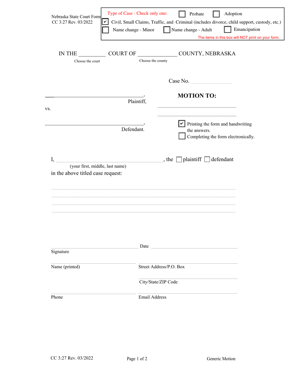 Form CC3:27 Motion (Generic) - Nebraska, Page 1