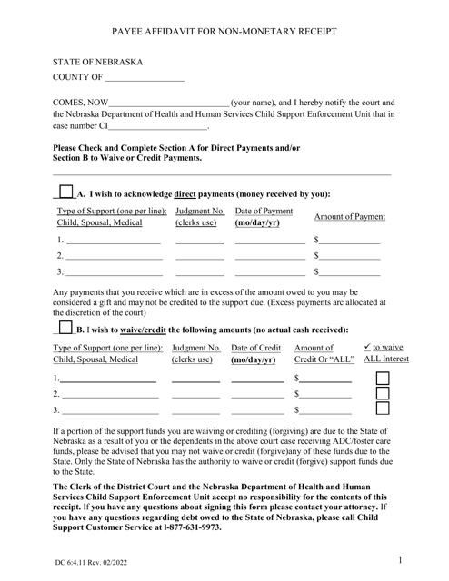 Form DC6:4.11 Payee Affidavit for Non-monetary Receipt - Nebraska
