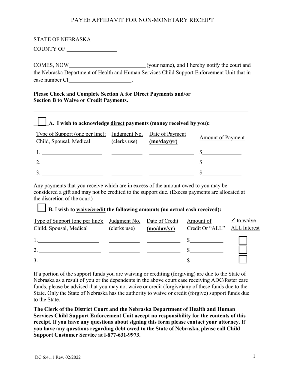 Form DC6:4.11 Payee Affidavit for Non-monetary Receipt - Nebraska, Page 1