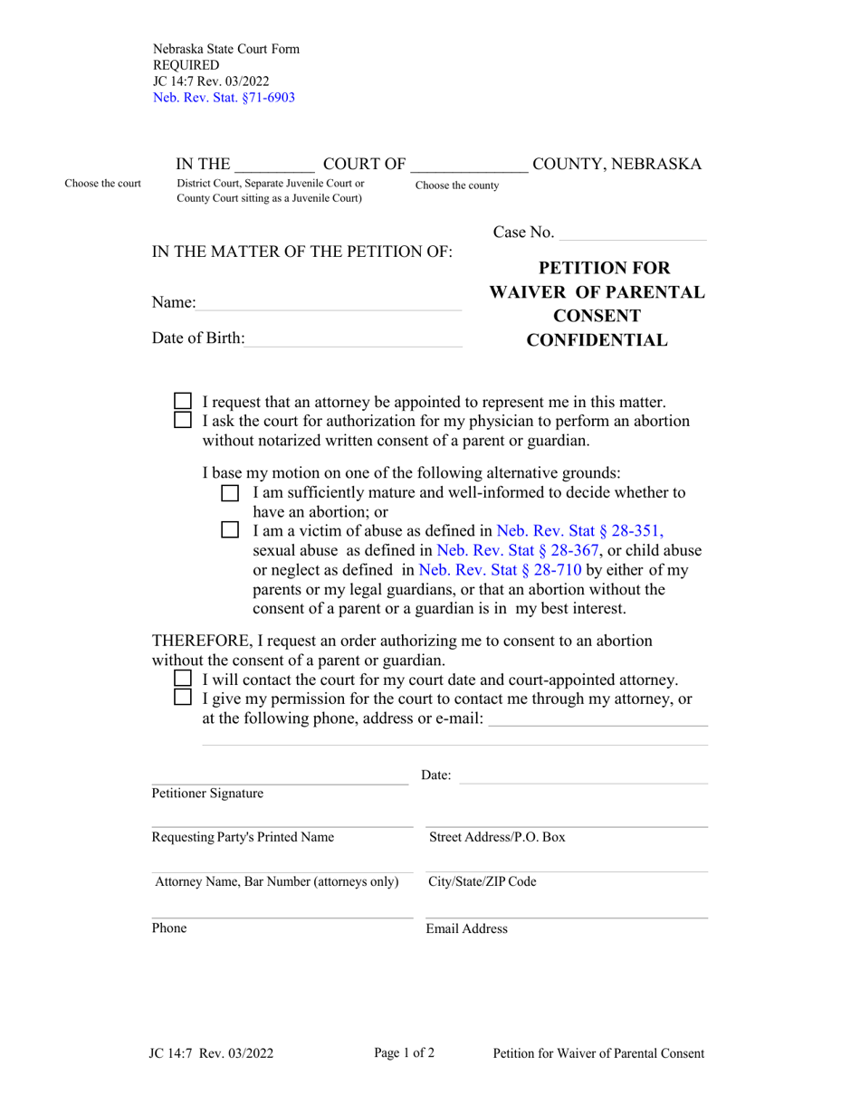 Form JC14:7 Petition for Waiver of Parental Consent Confidential - Nebraska, Page 1