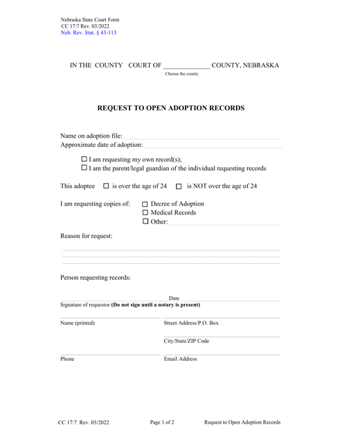 Form CC17:7 Request to Open Adoption Records - Nebraska