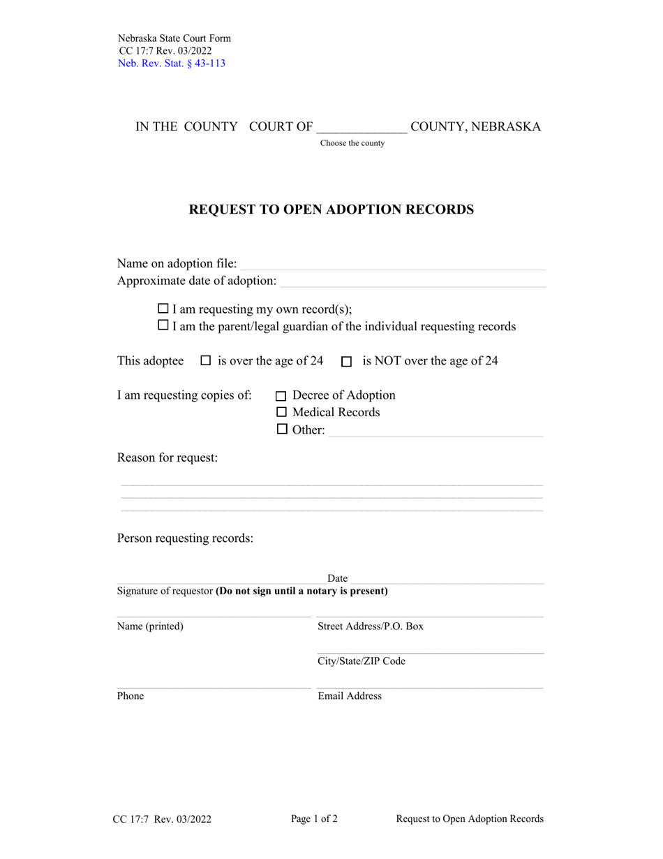 Form CC17:7 Request to Open Adoption Records - Nebraska, Page 1