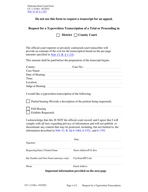 Form CC1:14 Request for a Typewritten Transcription of a Trial or Proceeding in District Court or County Court - Nebraska