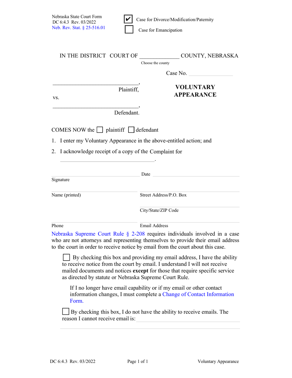 Form DC6:4.3 Voluntary Appearance - Nebraska, Page 1
