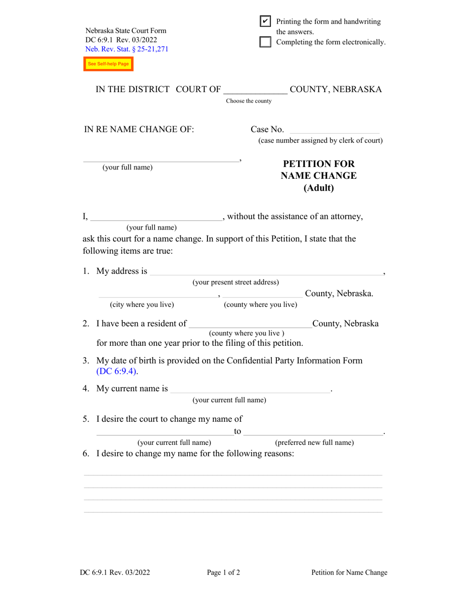 Form DC6:9.1 Petition for Name Change (Adult) - Nebraska, Page 1