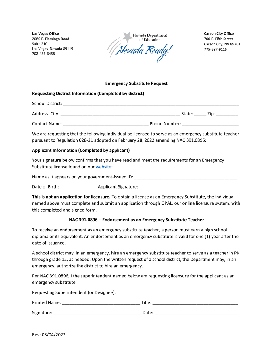 Emergency Substitute Request - Nevada, Page 1