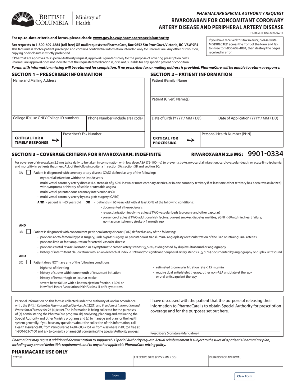 Form HLTH5811 Pharmacare Special Authority Request - Rivaroxaban for Concomitant Coronary Artery Disease and Peripheral Artery Disease - British Columbia, Canada, Page 1