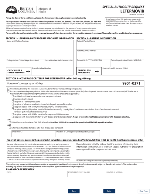 Form HLTH5816 Special Authority Request - Letermovir - British Columbia, Canada