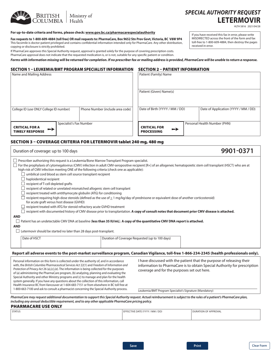 Form HLTH5816 Special Authority Request - Letermovir - British Columbia, Canada, Page 1
